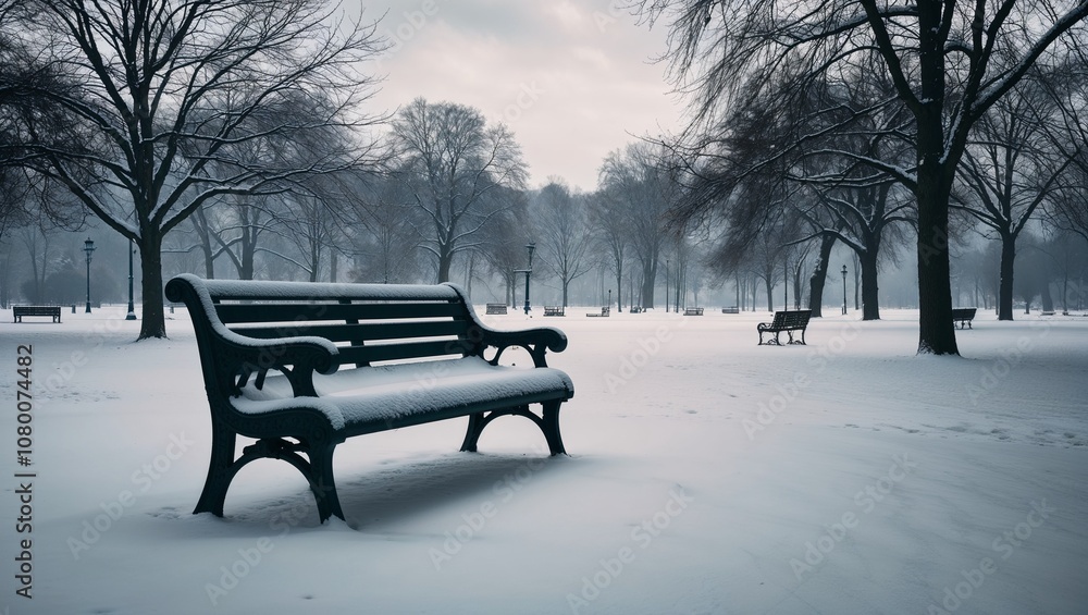 Fototapeta premium Empty bench covered with snow, evoking winter blues in a serene park landscape, copy space