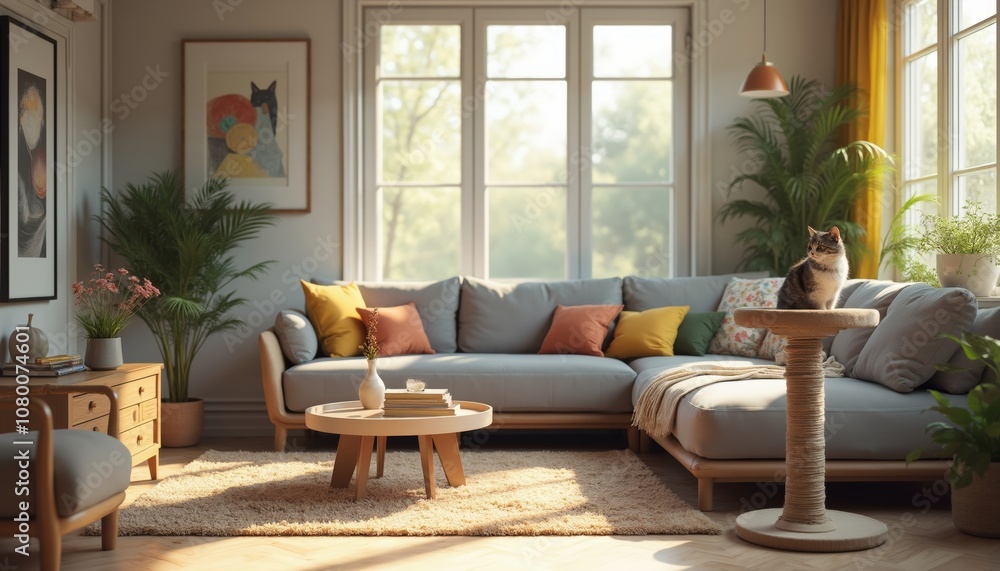 Fototapeta premium Contemporary Living Room with Stylish Sofa, Cat, and Indoor Plants
