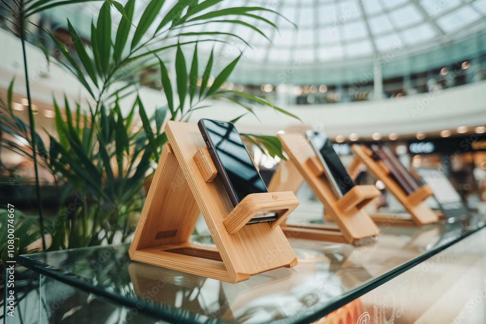 A sleek mobile phone is showcased on a stylish wooden stand in an electronics store. The background features a well-lit retail environment, highlighting modern technology and shopping experience. A sleek mobile phone is showcased on a stylish wooden stand in an electronics store. The background features a well-lit retail environment, highlighting modern technology and shopping experience.