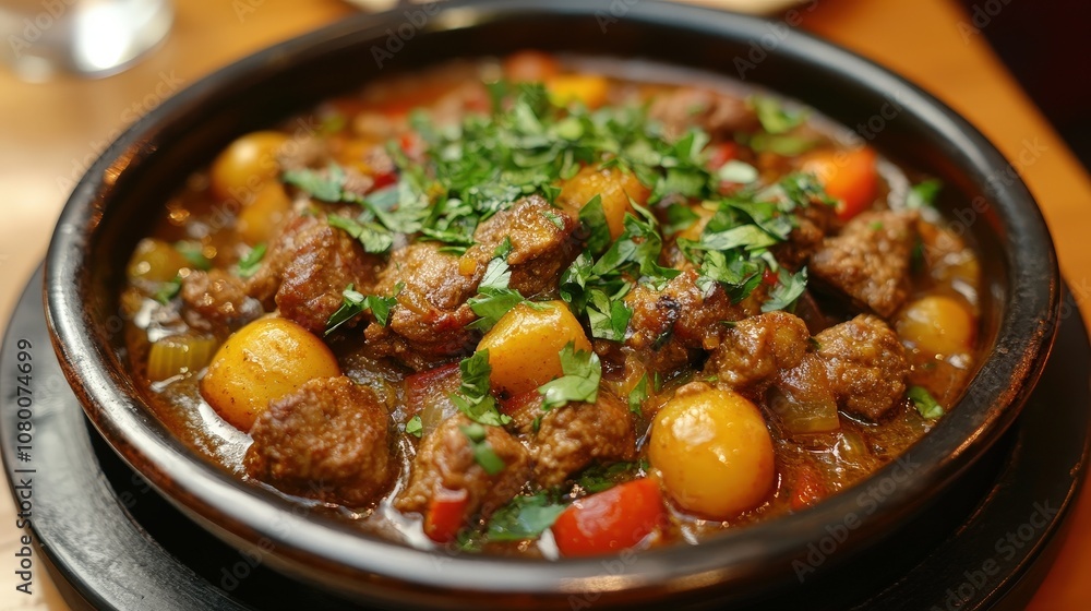 Delicious stew made with tender meat, vegetables, and fragrant herbs, served warm in a rustic bowl, perfect for any meal. Delicious stew made with tender meat, vegetables, and fragrant herbs, served warm in a rustic bowl, perfect for any meal.