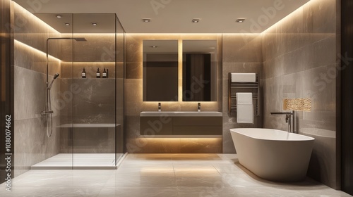 A modern bathroom with hexagonal tiles on the floor and a floating vanity with a sleek mirror, isolated 