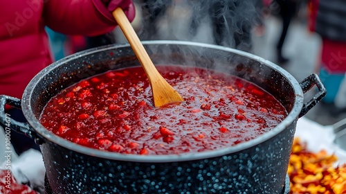 Gathering Around a Cauldron of Aromatic Mulled Beverage, Sharing warmth and festive cheer together. Autumn Festival Concept photo