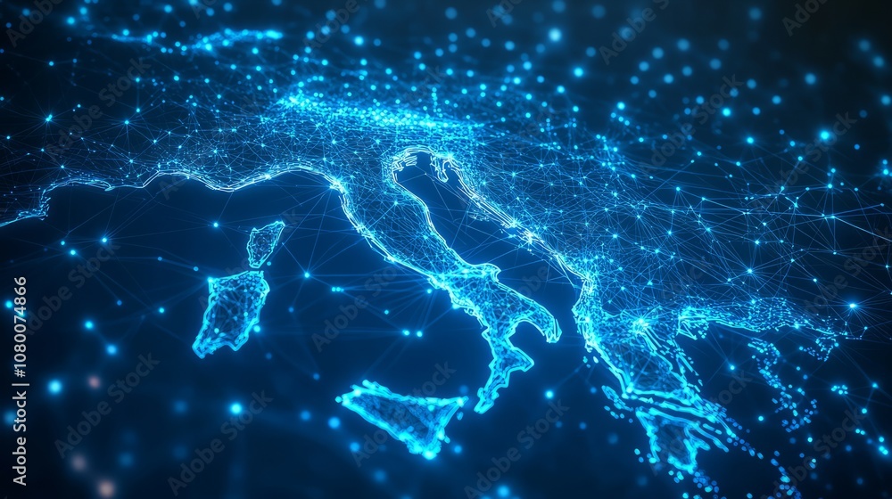 A 3D network map, with glowing mesh lines and points, on a sleek blue tech background A 3D network map, with glowing mesh lines and points, on a sleek blue tech background
