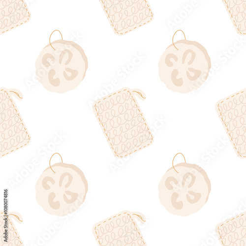 A knitted washcloth and a sponge made of luffa. Seamless pattern. The concept of waste-free eco-friendly body care