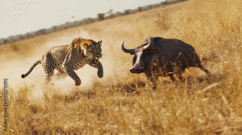Wallpaper Mural A Leopard Leaps Towards A Buffalo In A Grassy Field Torontodigital.ca