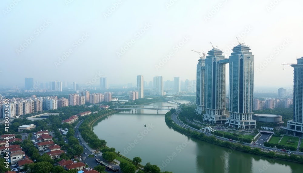 Naklejka premium Elegant cityscape with modern architecture and serene river