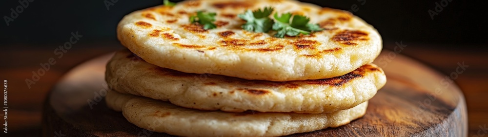 Deliciously golden flatbreads stacked on a wooden board, garnished with fresh herbs, perfect for any meal or snack. Deliciously golden flatbreads stacked on a wooden board, garnished with fresh herbs, perfect for any meal or snack.