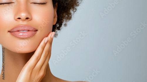 Close-up portrait of a woman with curly hair, softly touching her face, showcasing healthy glowing skin against a light background