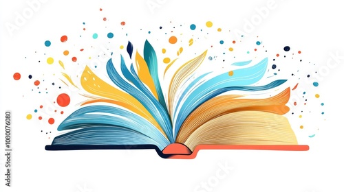 Vibrant Open Book with Colorful Pages and Abstract Elements Representing Imagination, Knowledge, and Creativity for Educational Themes or Artistic Projects