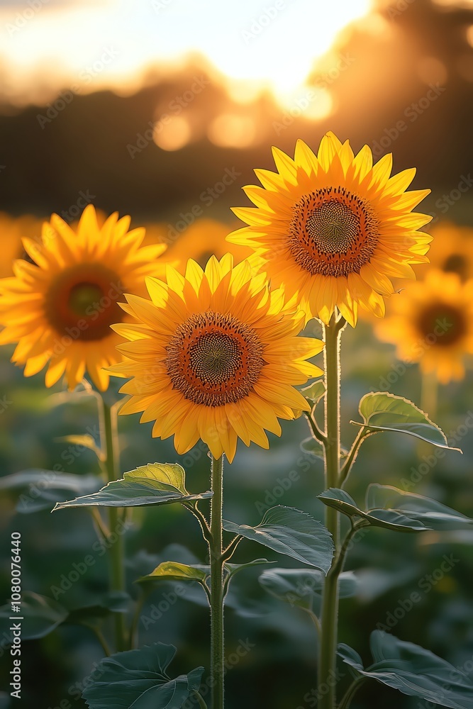 Obraz premium Sunflowers in bloom, closeup, summer warmth, golden light