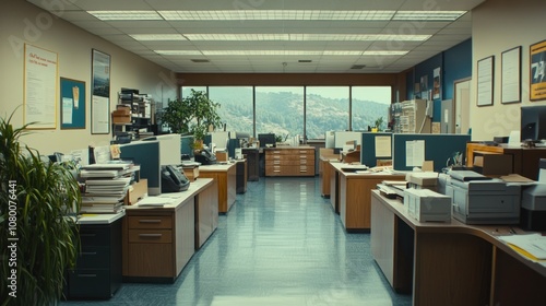 A spacious office environment with desks, computers, and a view of mountains outside.