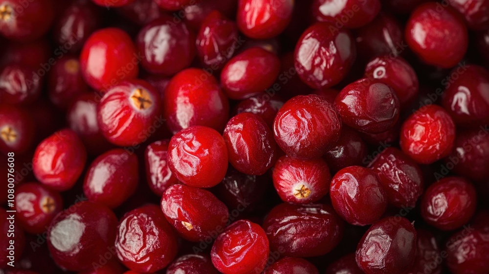 Fresh, ripe cranberries arranged closely, showcasing their vibrant red color and glossy surface. Perfect for seasonal culinary uses. Fresh, ripe cranberries arranged closely, showcasing their vibrant red color and glossy surface. Perfect for seasonal culinary uses.