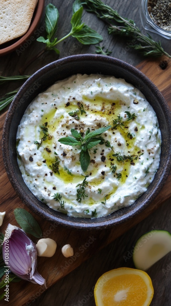 Fresh and creamy yogurt dip garnished with herbs and olive oil, served with bread and spices for a delicious appetizer. Fresh and creamy yogurt dip garnished with herbs and olive oil, served with bread and spices for a delicious appetizer.