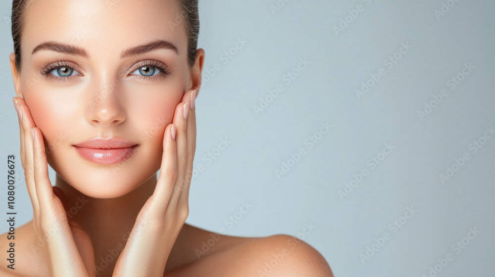 Close-up portrait of a young woman with radiant skin gently holding her face, showcasing a natural and serene expression against a soft grey background Close-up portrait of a young woman with radiant skin gently holding her face, showcasing a natural and serene expression against a soft grey background