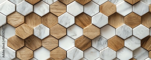 Honeycomb pattern wood and marble wall with hexagon tiles.