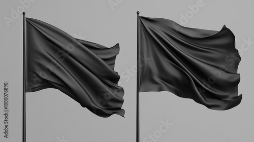 Two sets of black and dark gray flags, waving in the wind. These flags are blank and ready for your design. You can use them to create mockups and artwork, or simply for a stylish design element. photo