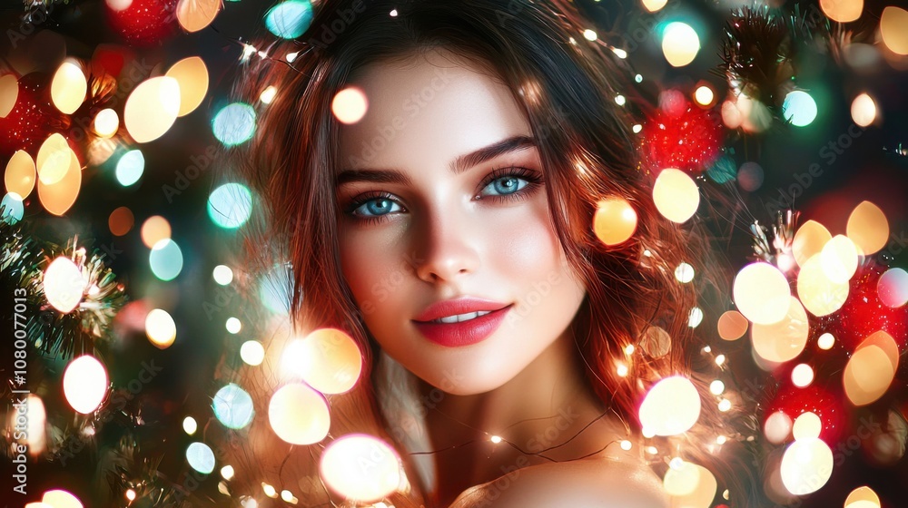 Sparkling Portrait of a Woman with Holiday Lights Effect Sparkling Portrait of a Woman with Holiday Lights Effect