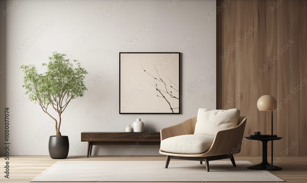 Modern Living Room Interior Design with Wooden Furniture White Armchair and Floor Lamp Modern Living Room Interior Design with Wooden Furniture White Armchair and Floor Lamp
