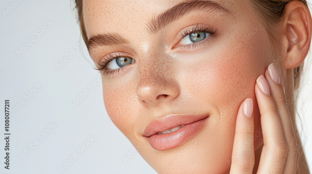 Close-up portrait of a woman with freckled skin, natural makeup, and a gentle smile, showcasing softness and beauty against a light background Close-up portrait of a woman with freckled skin, natural makeup, and a gentle smile, showcasing softness and beauty against a light background