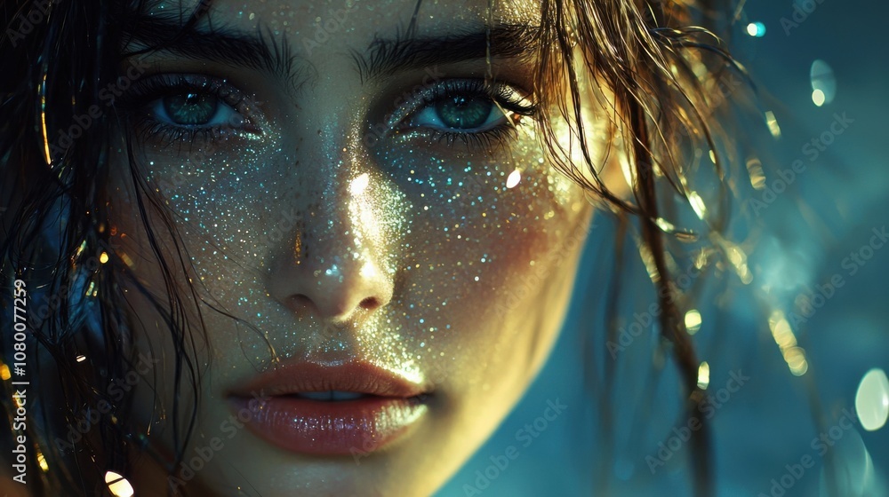 Close-up of a Woman with Sparkling Skin and Wet Hair Close-up of a Woman with Sparkling Skin and Wet Hair