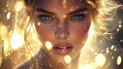 Ethereal Beauty with Glowing Lights Surrounding Face