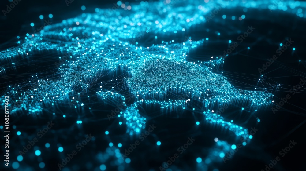 A 3D network map, with glowing mesh lines and points, on a sleek blue tech background A 3D network map, with glowing mesh lines and points, on a sleek blue tech background