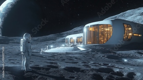 Astronaut standing on the Moon's surface, looking at a futuristic lunar base with Earth in the background. photo