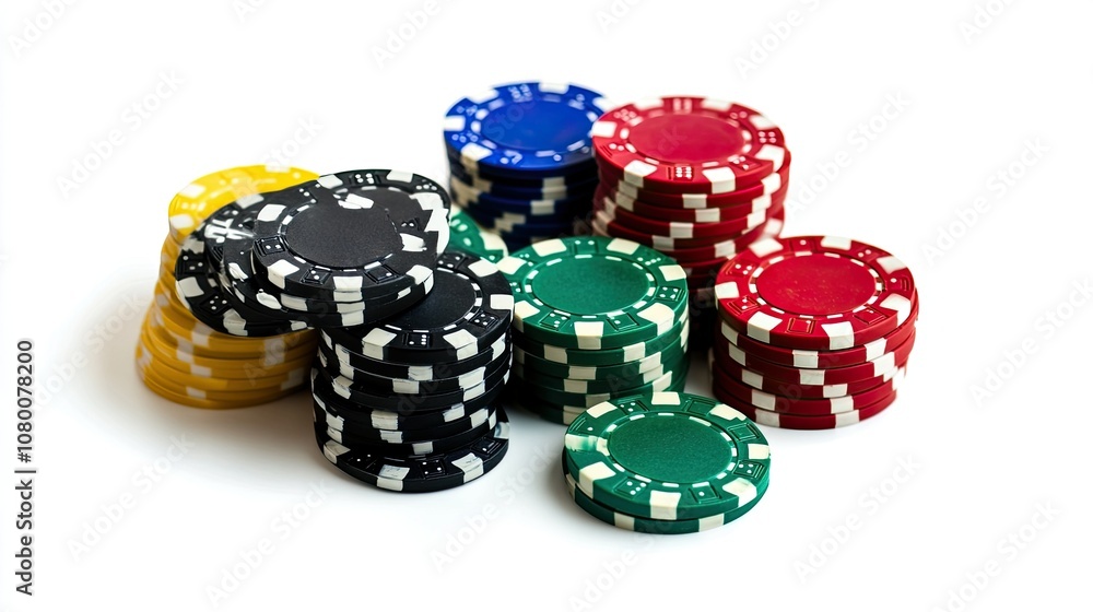 Colorful Poker Chips Stacked Together on a White Background for Gaming, Casino, and Betting Themes in Card Games and Recreational Activities Colorful Poker Chips Stacked Together on a White Background for Gaming, Casino, and Betting Themes in Card Games and Recreational Activities