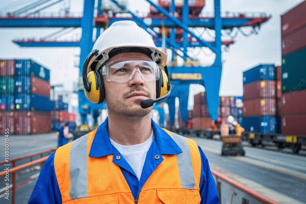 A dedicated port worker in a white helmet, safety glasses, and yellow ear protection with a microphone stands attentively in a bustling sea cargo port. A dedicated port worker in a white helmet, safety glasses, and yellow ear protection with a microphone stands attentively in a bustling sea cargo port.