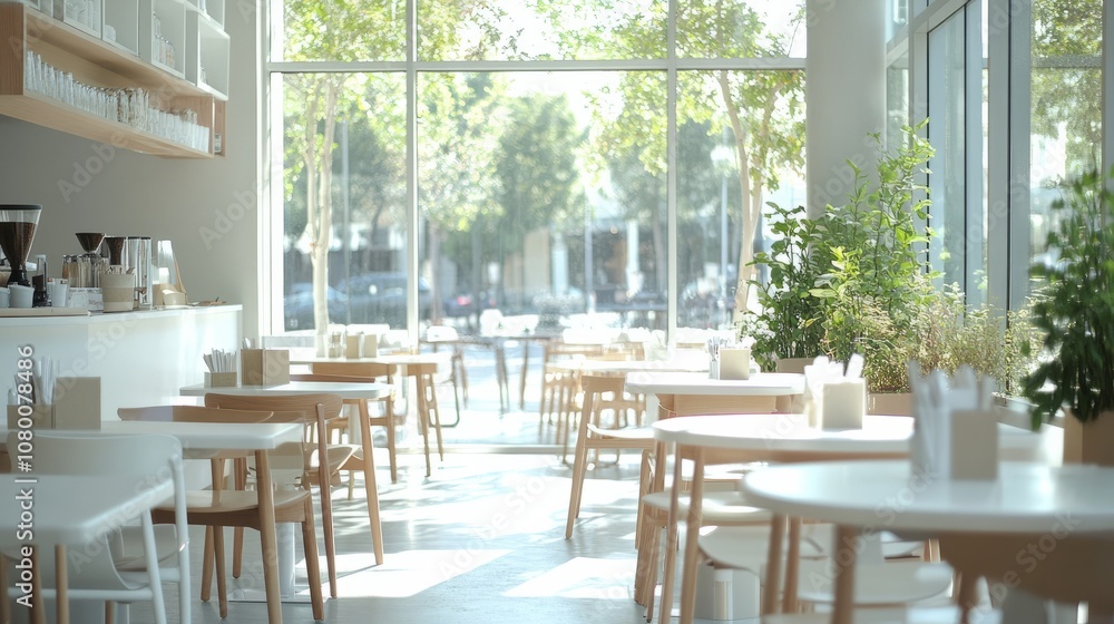 A modern cafe interior with clean, white tables, large windows letting in natural light, and neatly arranged decor A modern cafe interior with clean, white tables, large windows letting in natural light, and neatly arranged decor