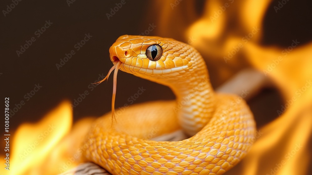 Fototapeta premium Golden Serpents Embrace Vibrant Snake Coiled Around a Burning Branch in Fiery Display