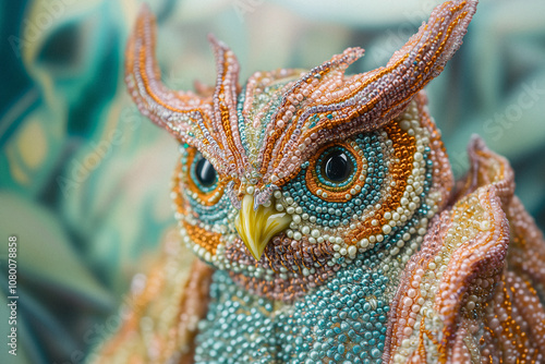 A beautiful, finely crafted embroidery piece depicting a vibrant creature with intricate details and bold colors. 