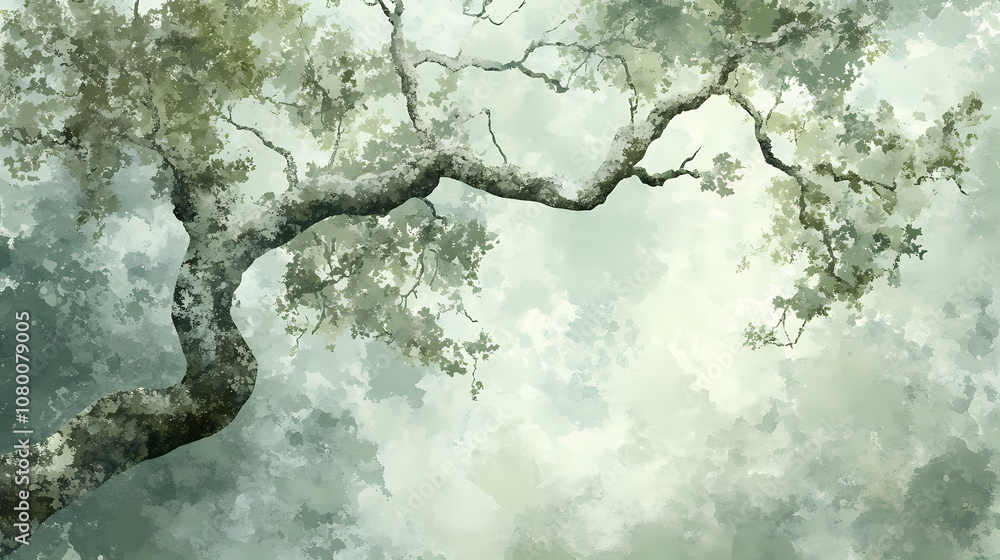 Naklejka premium Watercolor green grey branches and leaves texture poster background 