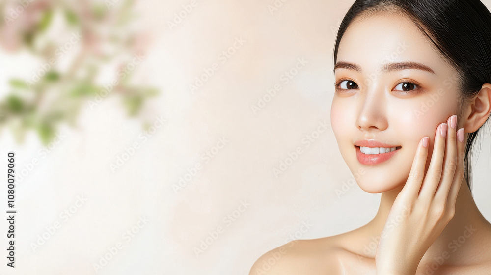 Beautiful young woman with glowing skin and natural makeup, smiling gently while touching her face against a soft blurred background Beautiful young woman with glowing skin and natural makeup, smiling gently while touching her face against a soft blurred background