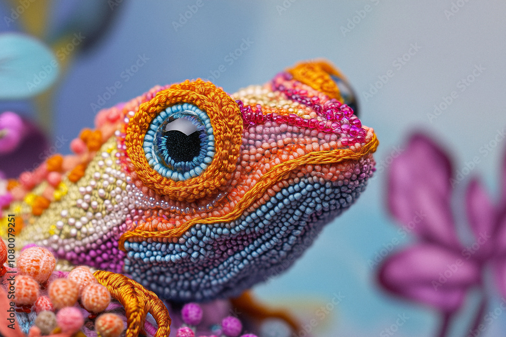 Obraz premium A beautiful, finely crafted embroidery piece depicting a vibrant creature with intricate details and bold colors. 