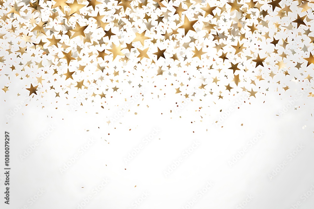 Gold star confetti on white background. Flying shiny sparkle shower. Abstract vector colorful confetti. Sparkle bright decoration backdrop. Christmas card template Gold star confetti on white background. Flying shiny sparkle shower. Abstract vector colorful confetti. Sparkle bright decoration backdrop. Christmas card template