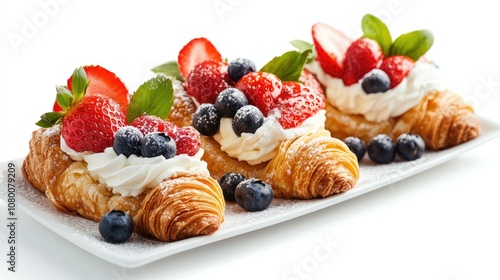 Delicious Croissants Topped with Fresh Berries and Whipped Cream on a White Plate, Perfect for a Sweet Breakfast or Dessert Treat