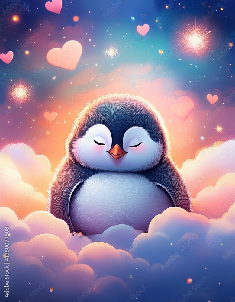 Fototapeta premium 空に広がるふわふわの雲の上で、お昼寝するペンギンの赤ちゃん。 ふわふわ丸い体で、穏やかな表情をしている。 背景には星やハートが散りばめていて、全体が夢のようなシーンに包まれている