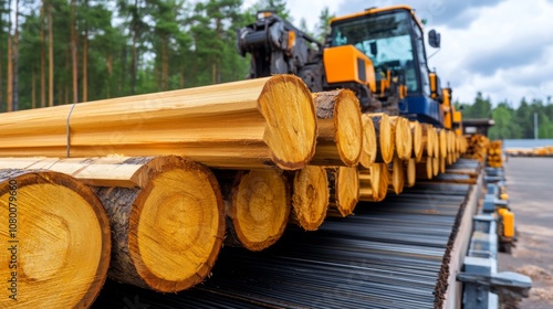 Heavy machinery processes freshly cut logs at a lumber yard surrounded by dense pine forest under a cloudy sky photo