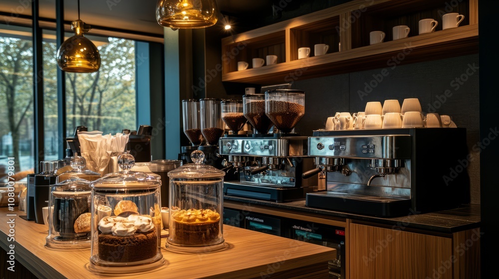 A modern cafe’s bar with coffee machines, cups neatly placed, and a display of pastries under glass domes A modern cafe’s bar with coffee machines, cups neatly placed, and a display of pastries under glass domes