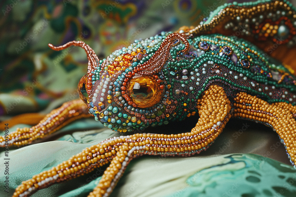 Fototapeta premium A beautiful, finely crafted embroidery piece depicting a vibrant creature with intricate details and bold colors. 