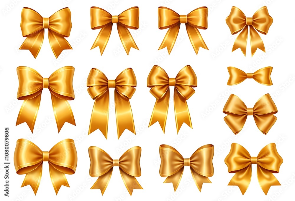 Set of golden satin ribbon bow illustrations for decoration. Illustration and vector. Set of golden satin ribbon bow illustrations for decoration. Illustration and vector.