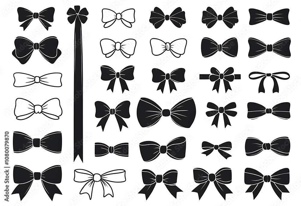 Decorative bow silhouette. Gift wrapping favor ribbon, black jubilee bows stencil. Christmas, anniversary or valentine day packaging ribbons, party decor bow. Isolated vector icons set Decorative bow silhouette. Gift wrapping favor ribbon, black jubilee bows stencil. Christmas, anniversary or valentine day packaging ribbons, party decor bow. Isolated vector icons set