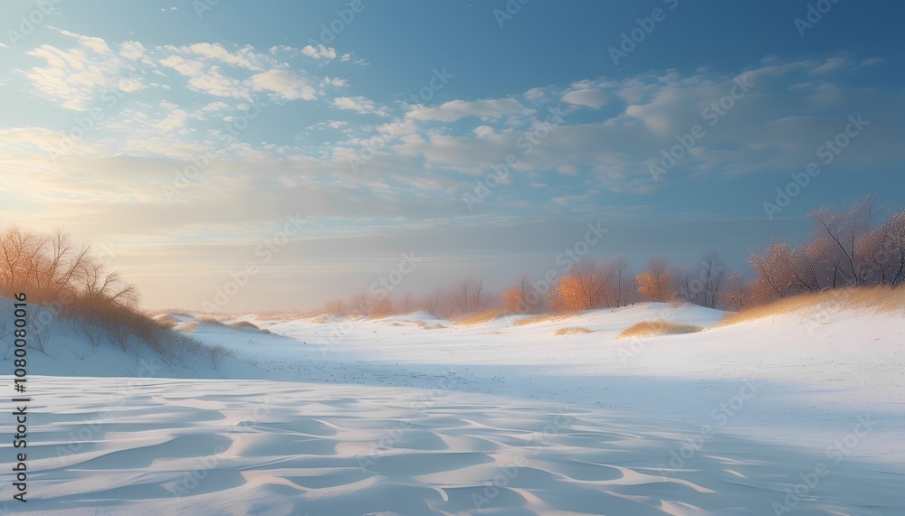 Sunset over a snowy landscape with rippled patterns Sunset over a snowy landscape with rippled patterns