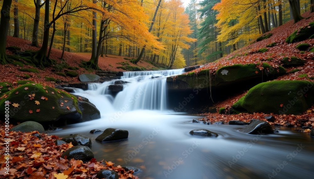 Autumns cascade A waterfalls serene symphony Autumns cascade A waterfalls serene symphony