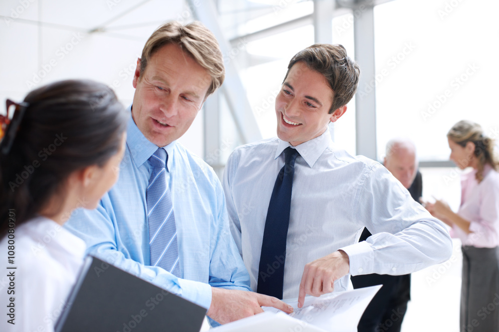 Obraz premium Collaboration, conversation and documents with business people in corporate workplace for discussion. Meeting, planning or strategy with man and woman employee group in office together for review