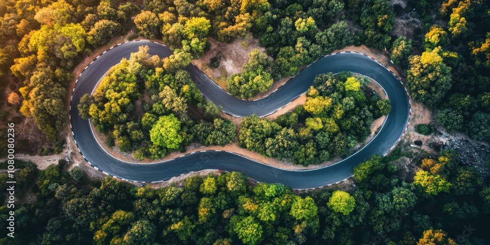 Fototapeta premium Aerial View of Winding Road Through a Forest.