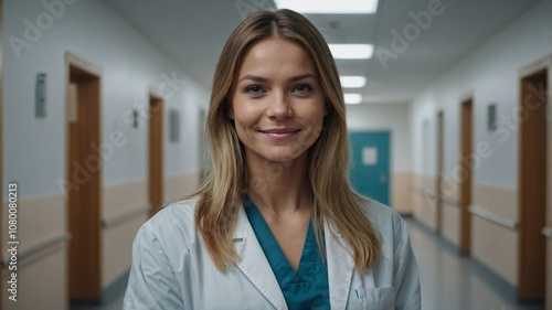 Photo of beautiful female doctor posing on blurry hospital corridor background