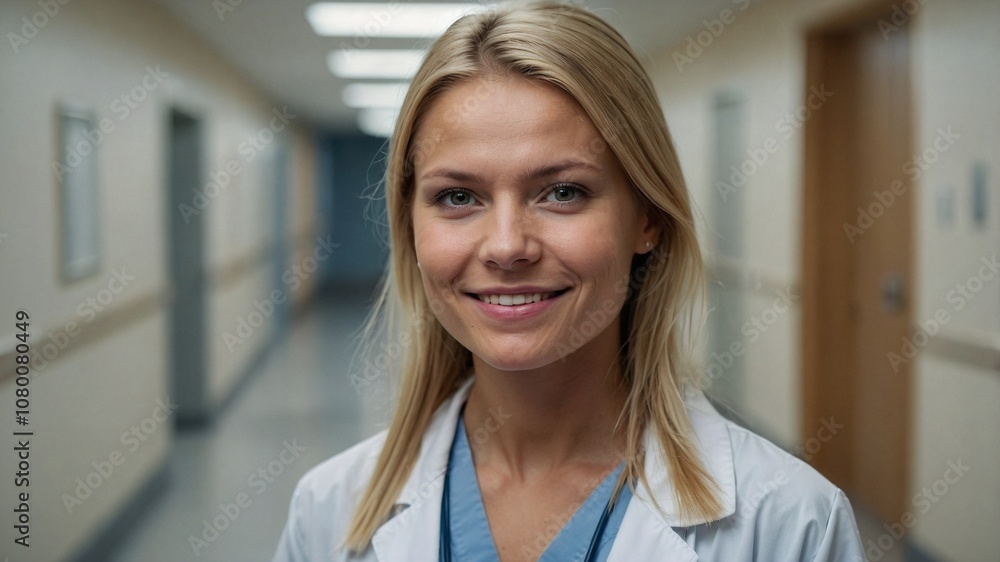 Photo of beautiful female doctor posing on blurry hospital corridor background Photo of beautiful female doctor posing on blurry hospital corridor background