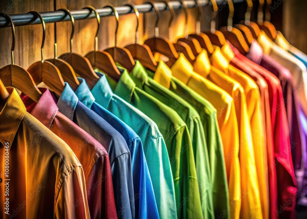 Aesthetic dry shirts on hangers in low light showcase vibrant colors, adding a stylish twist to home decor and fashion photography for a unique ambiance. Aesthetic dry shirts on hangers in low light showcase vibrant colors, adding a stylish twist to home decor and fashion photography for a unique ambiance.